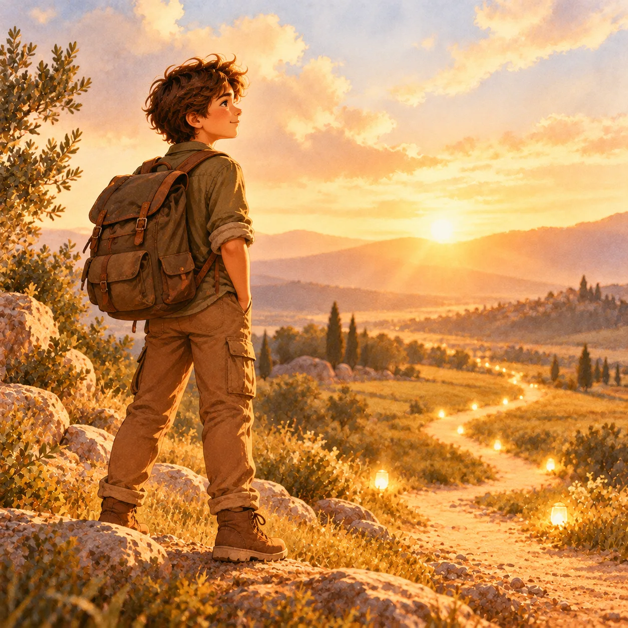 Menino de mochila olhando um caminho iluminado ao pôr do sol
