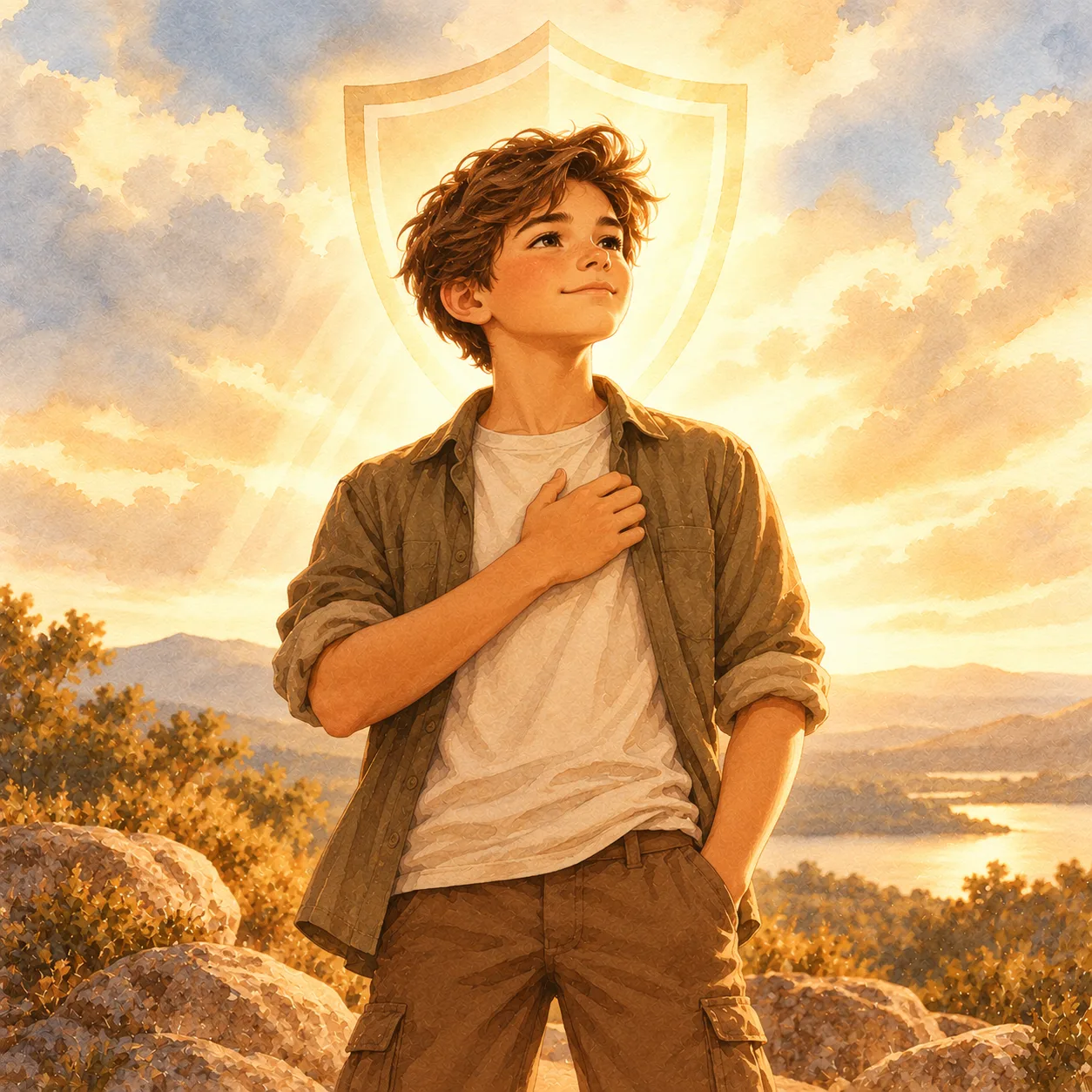 Menino com a mão no peito, em pé sobre as pedras, com um escudo de luz atrás dele