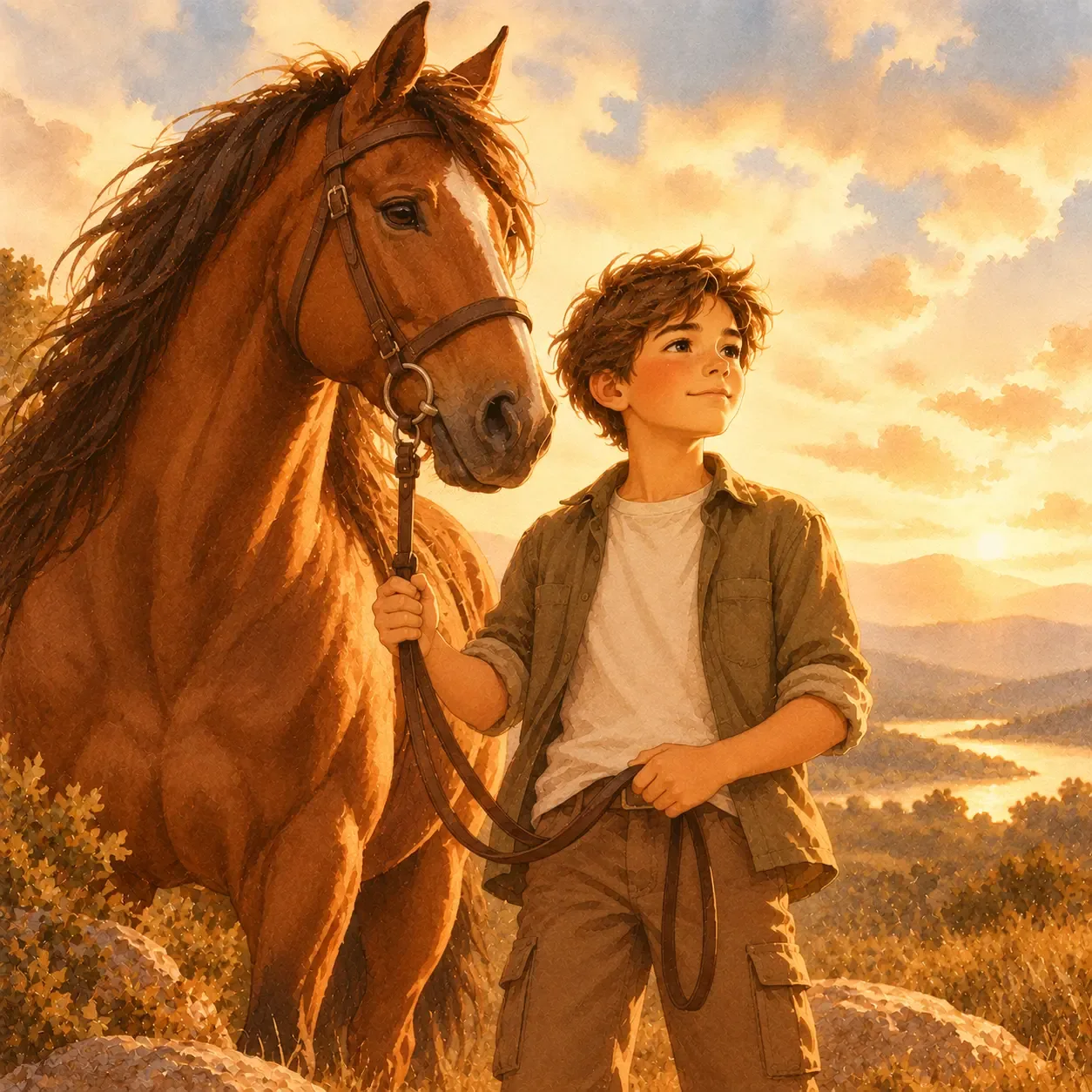 Menino conduzindo um cavalo pelas rédeas